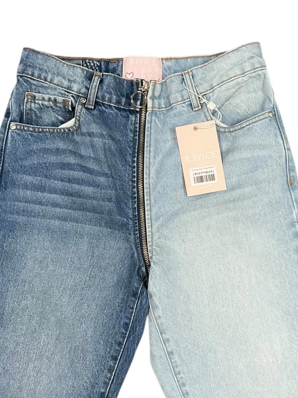REVICE Ying Yang Crops Tokyo Wash Two-Tone High-Rise Jeans in Dark & Light Blue